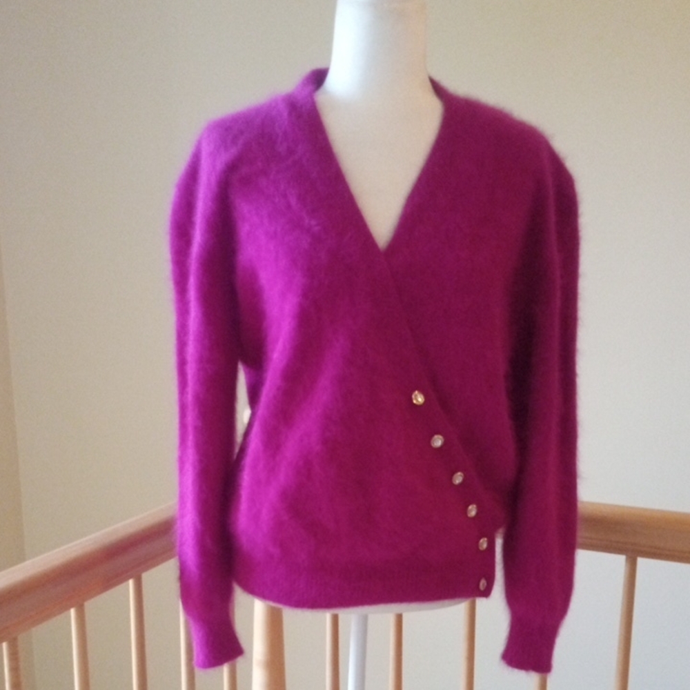 Vintage IB Diffusion Elegant Magenta Wrap Angora Feather Knit Cardigan